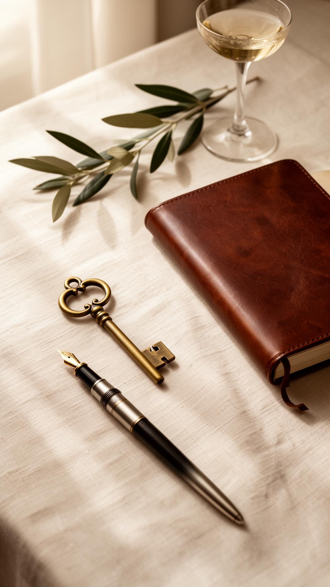 Refined still life — key, pen, leather journal